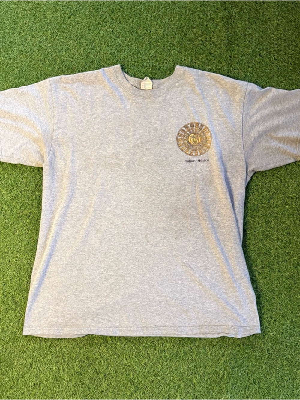 Vintage Yazbek Tulum Mexico Aztec Calendar Graphic Tee Grey XL